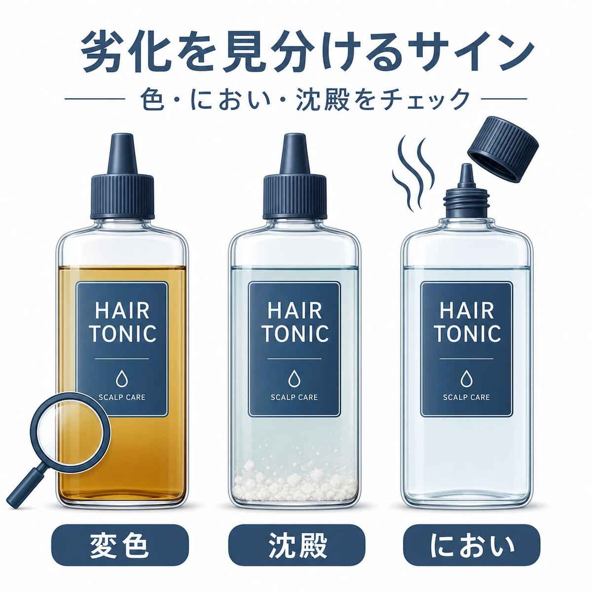 変色や沈殿やにおいの変化など育毛剤の劣化サインを見分けるポイントを表した医療イラスト