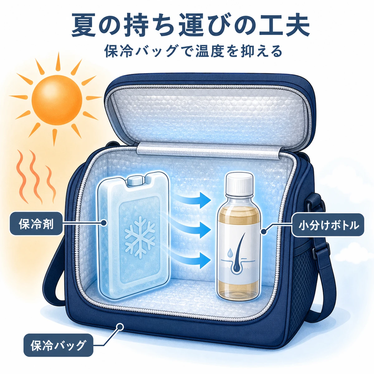 保冷バッグと小分けボトルで夏に育毛剤を安全に持ち運ぶ工夫を表した医療イラスト