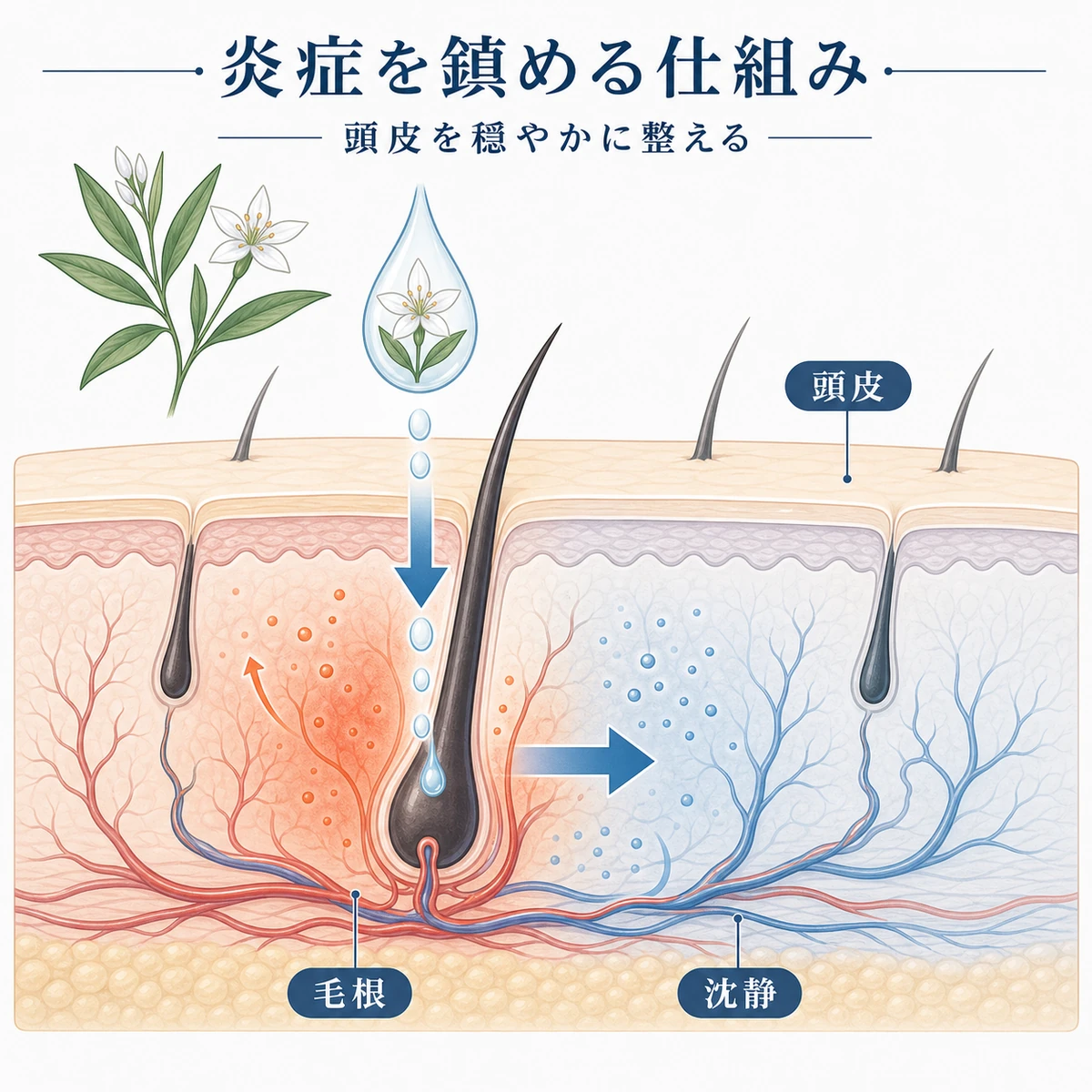 センブリエキスが頭皮の炎症を鎮めるしくみを頭皮断面図で表した医療イラスト