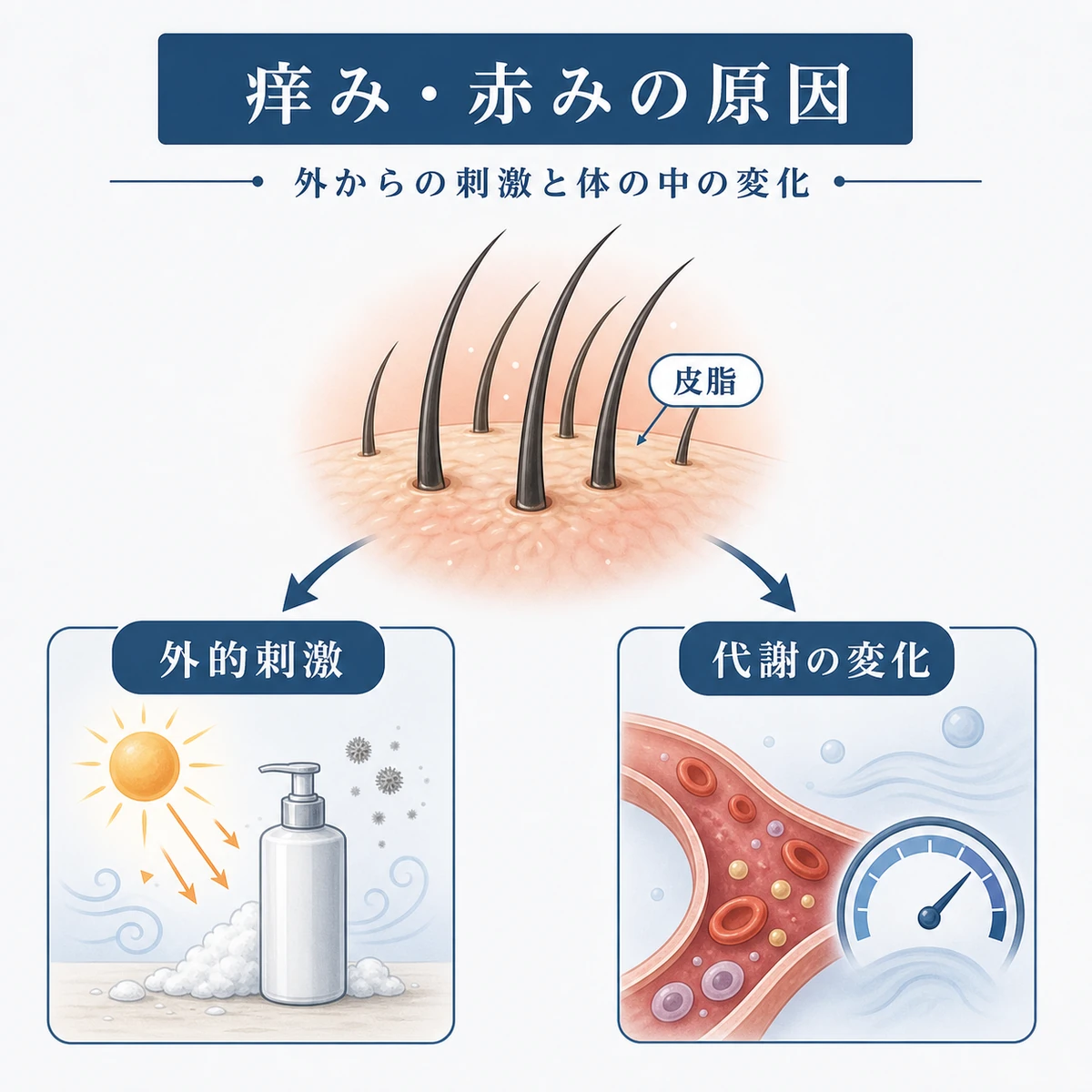 頭皮の痒みや赤みが外的刺激と体内の変化から起こることを分類した医療イラスト