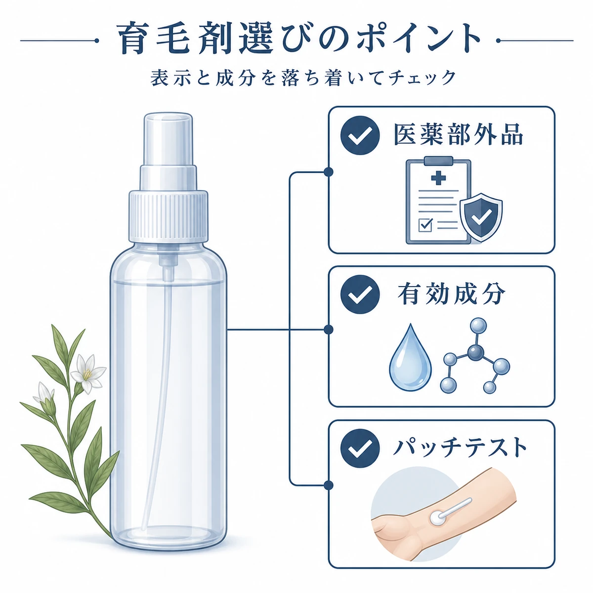 センブリエキス配合育毛剤を選ぶ確認ポイントをチェックリストで表した医療イラスト
