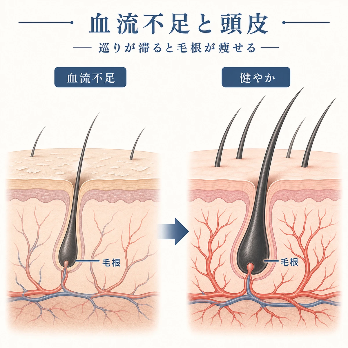 血流不足と血流が巡る男性の頭皮断面を比べた医療イラスト