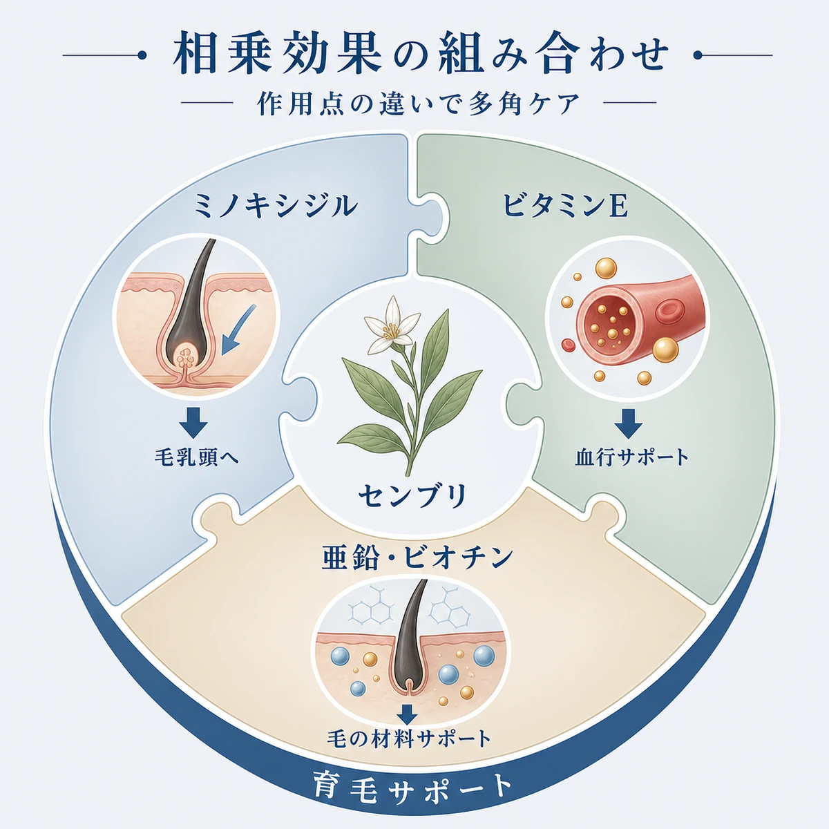 センブリエキスとミノキシジルやビタミンなど作用点の異なる成分が補い合う相乗効果を表した医療イラスト