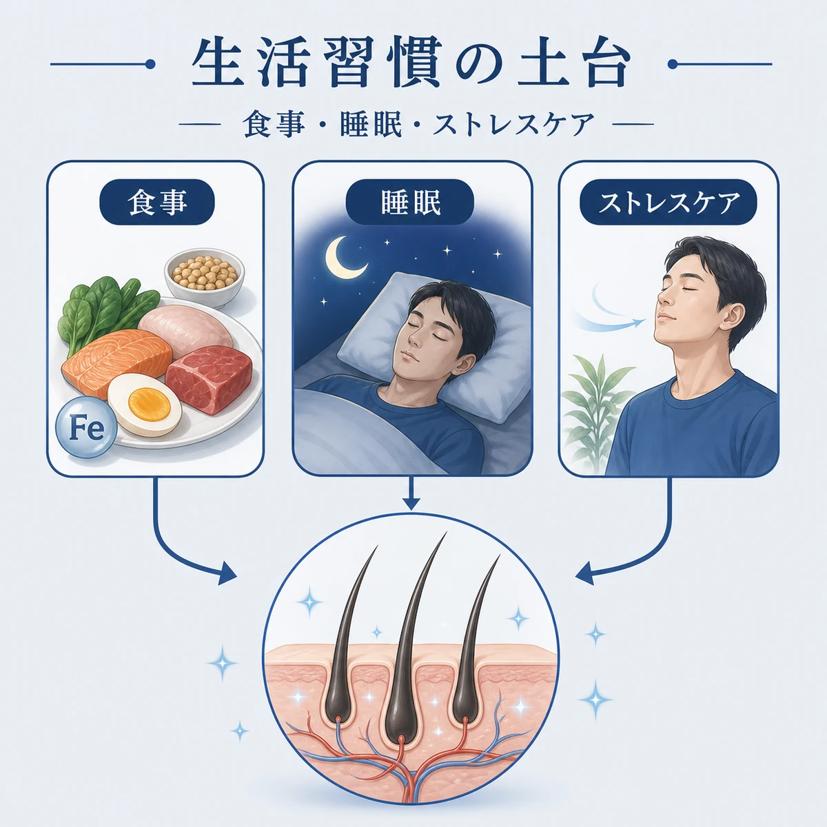 食事と睡眠とストレスケアが頭皮の健康と育毛を底上げする関係を表した医療イラスト