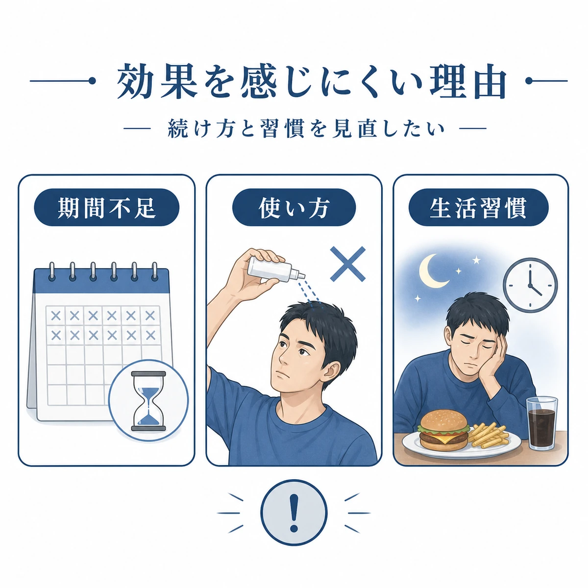 育毛剤の効果を感じにくくする使用期間・使い方・生活習慣の3つの原因を並べて表した医療イラスト