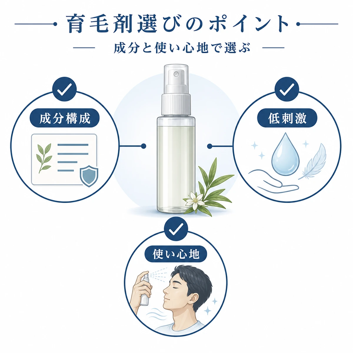 育毛剤を選ぶ際の成分構成と低刺激と使い心地のチェックポイントを表した医療イラスト