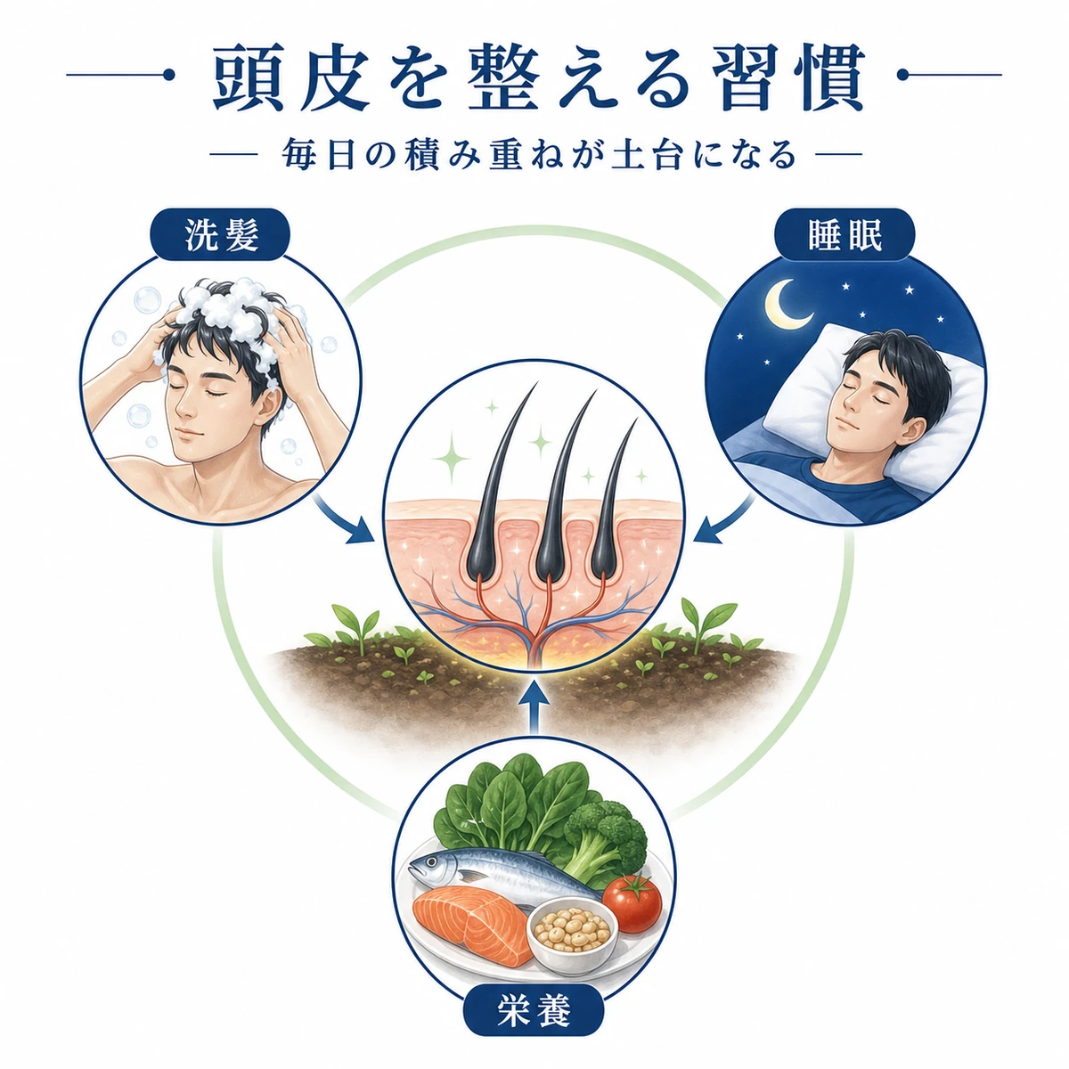 洗髪と睡眠と栄養で頭皮環境を整える毎日の習慣を循環図で表した医療イラスト