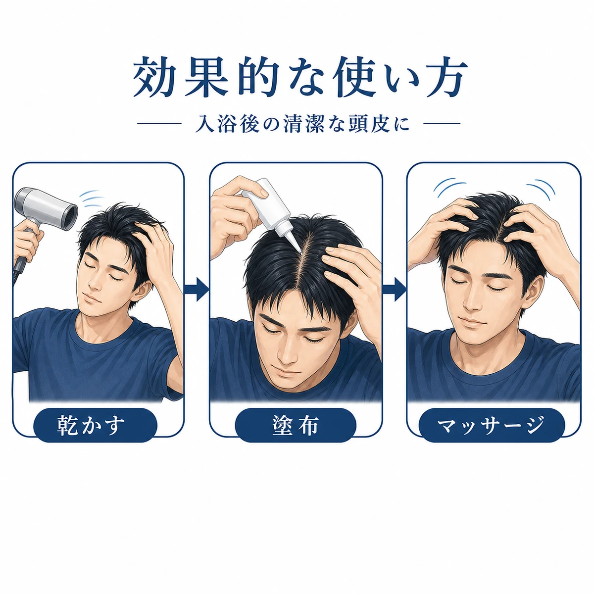 育毛剤を乾かした頭皮へ塗布しマッサージまで行う効果的な使い方の手順を表した医療イラスト