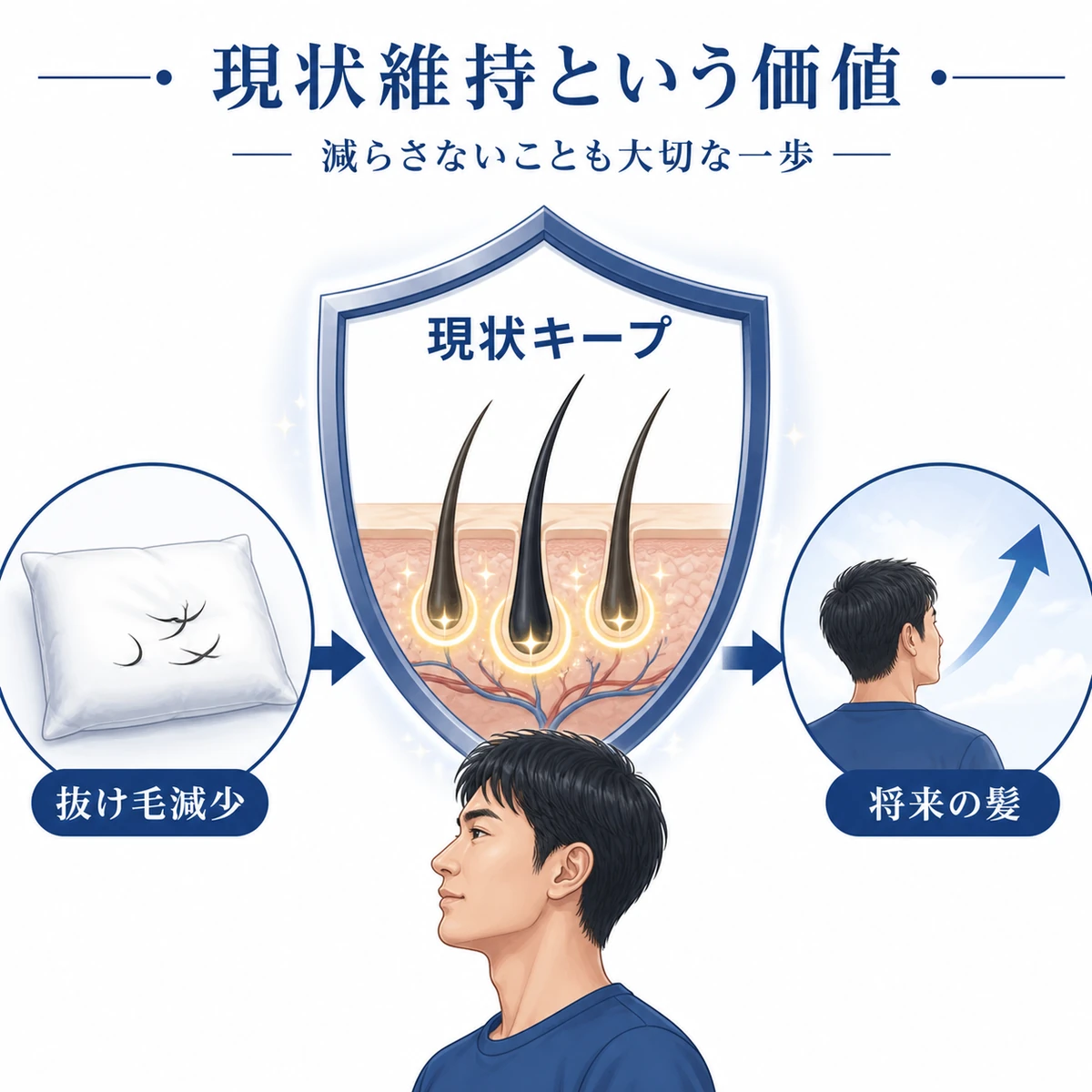 抜け毛の減少から現状維持を経て将来の髪へつながる育毛の価値を表した医療イラスト
