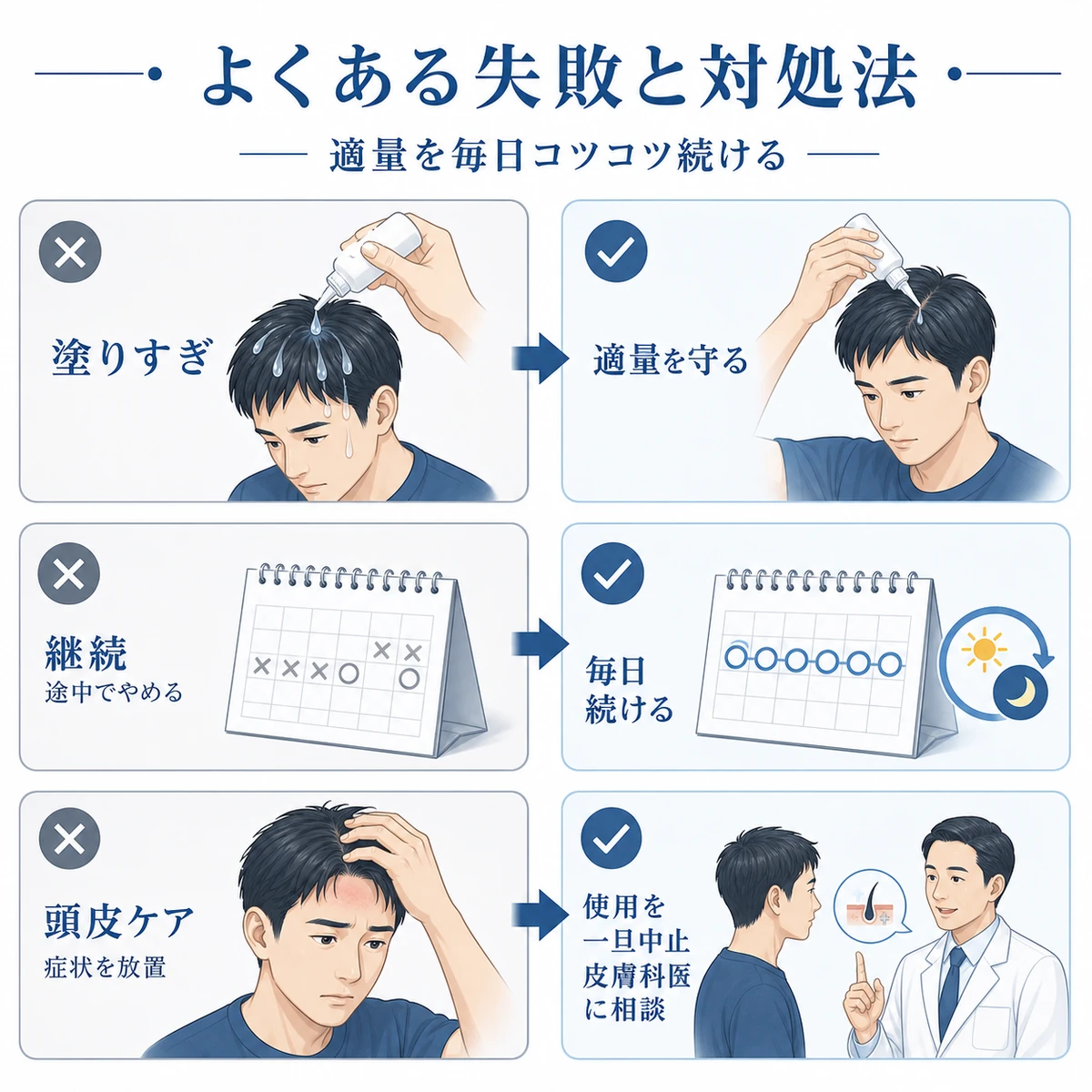 育毛剤でありがちな失敗と正しい対処を対にして表した医療イラスト