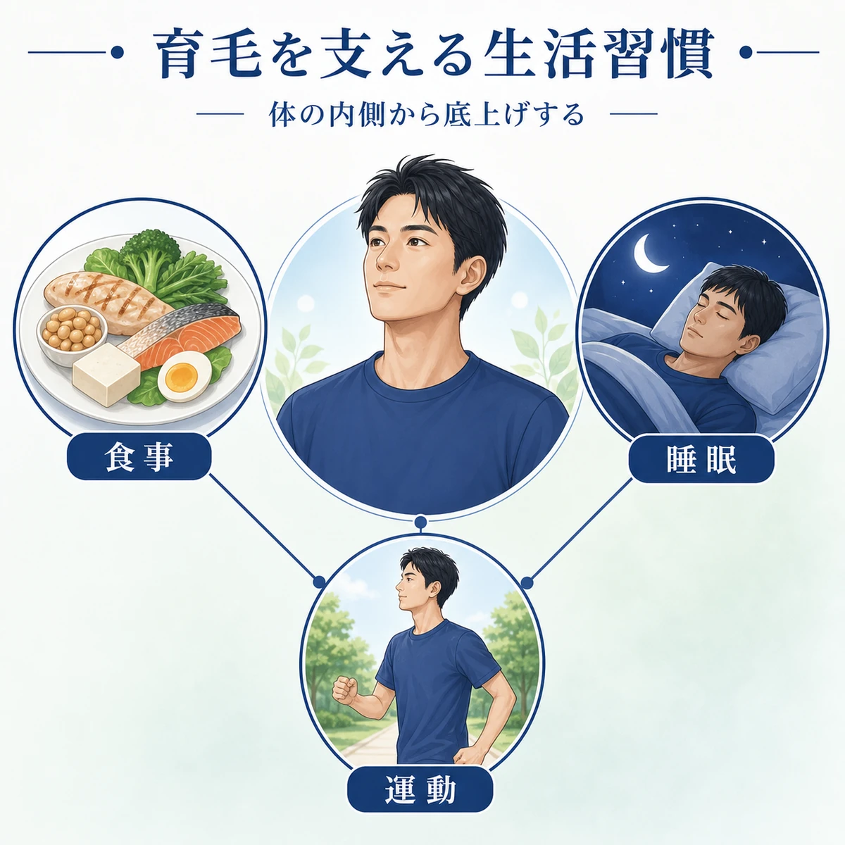 食事・睡眠・運動の生活習慣で育毛ケアを支える様子を放射状に表した医療イラスト
