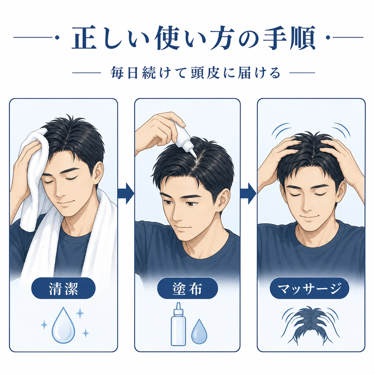 洗髪後の頭皮に育毛剤を塗りマッサージするまでの正しい使い方の手順を表した男性の医療イラスト