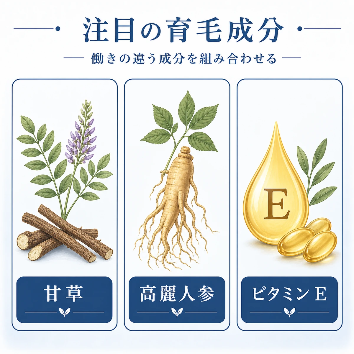 甘草や高麗人参などセンブリエキス以外の注目育毛成分を並べたボタニカル医療イラスト