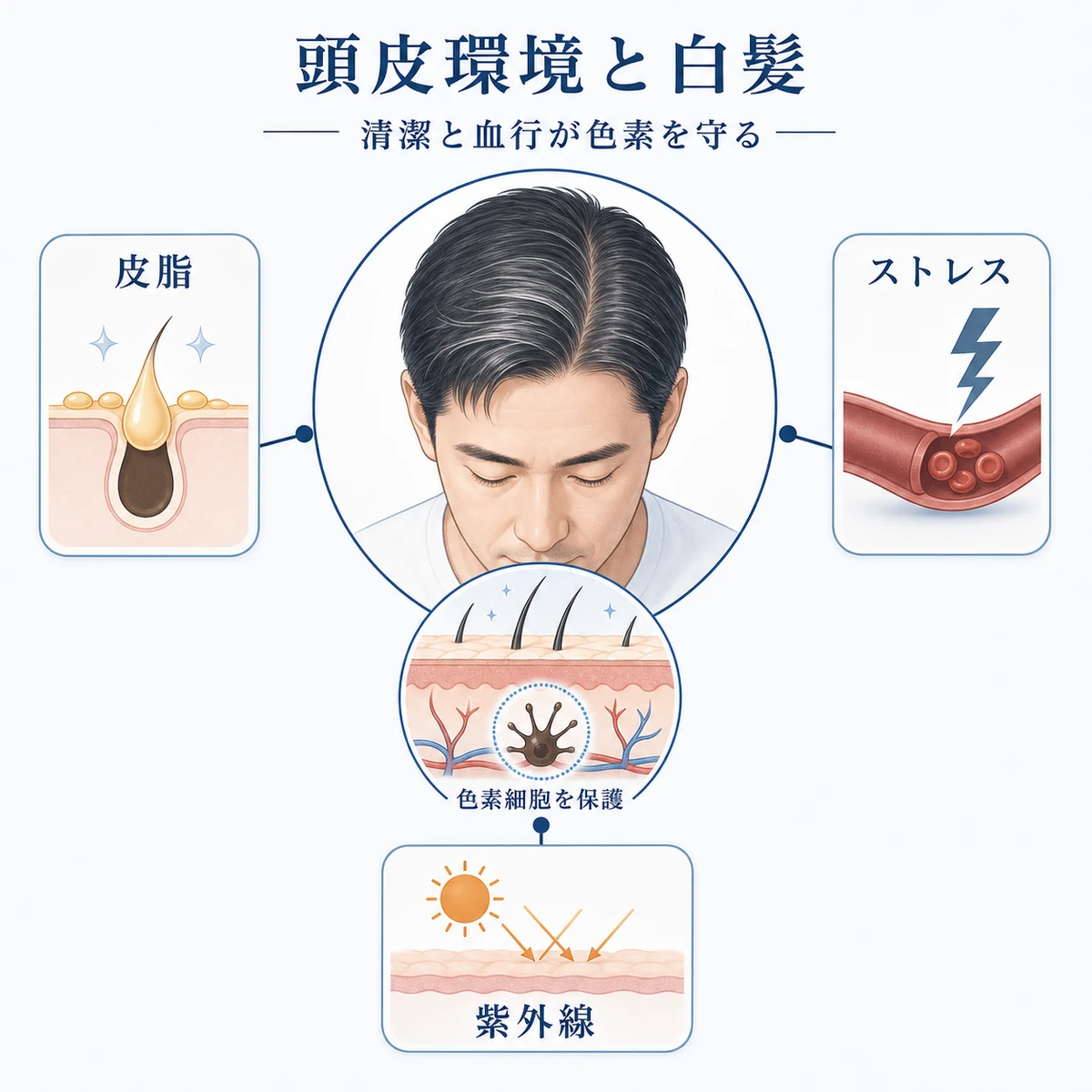 男性の頭皮環境で白髪に関わる皮脂やストレスなどの要因を分類した医療イラスト