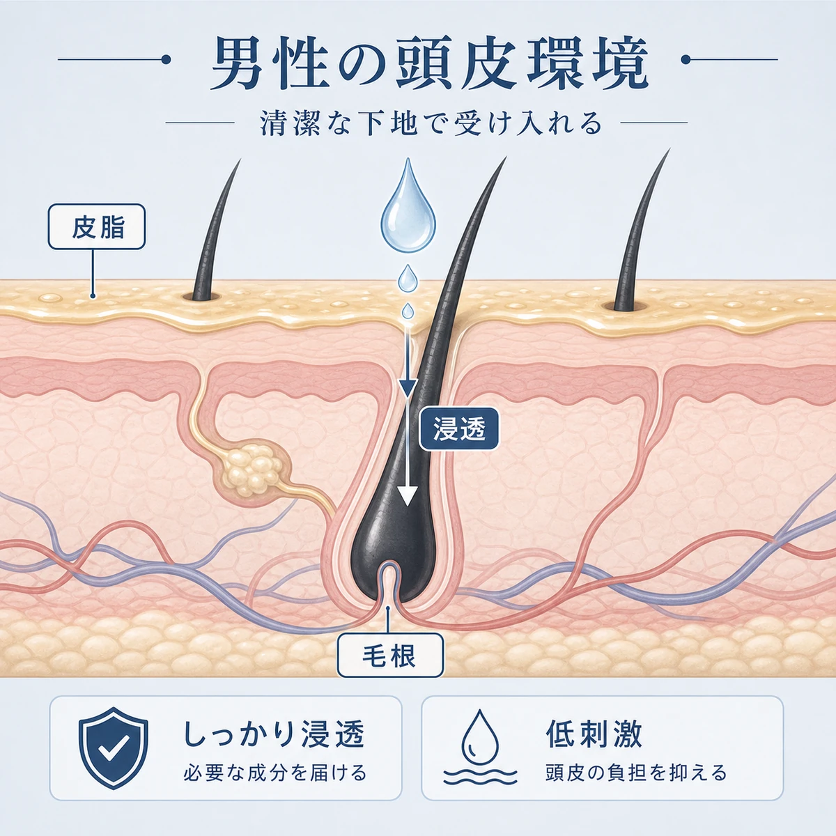 皮脂が多い男性の頭皮の断面と毛根への成分浸透バランスを表した医療イラスト