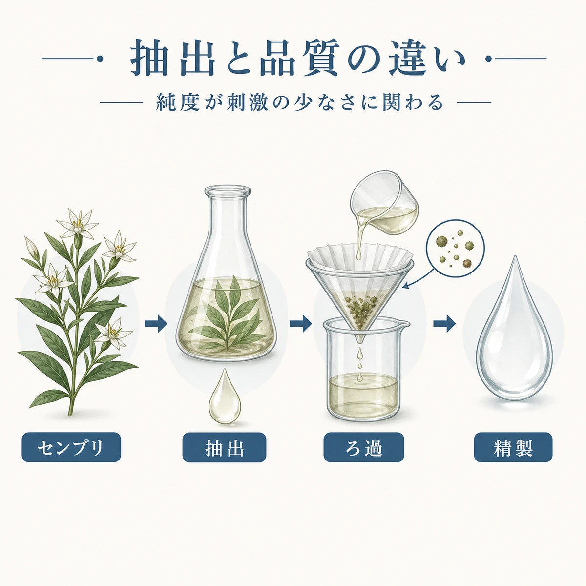 センブリから有効成分を抽出し不純物を取り除いて純度を高める精製の流れを表した医療イラスト