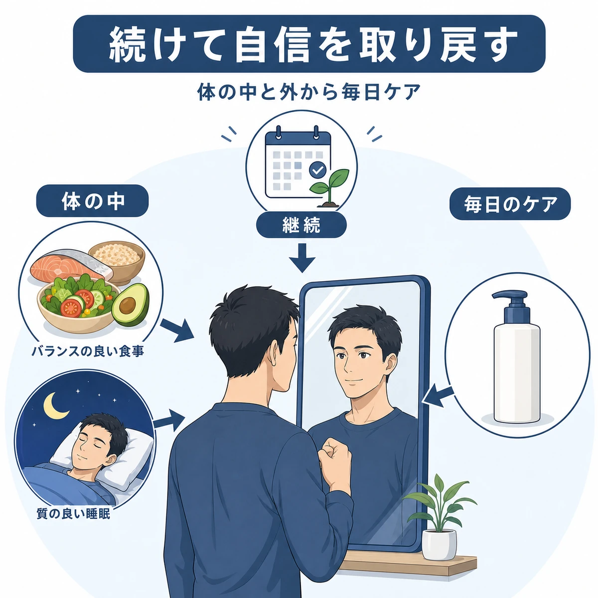 食事や睡眠と毎日のケアを続けて前向きになる男性を表した医療イラスト