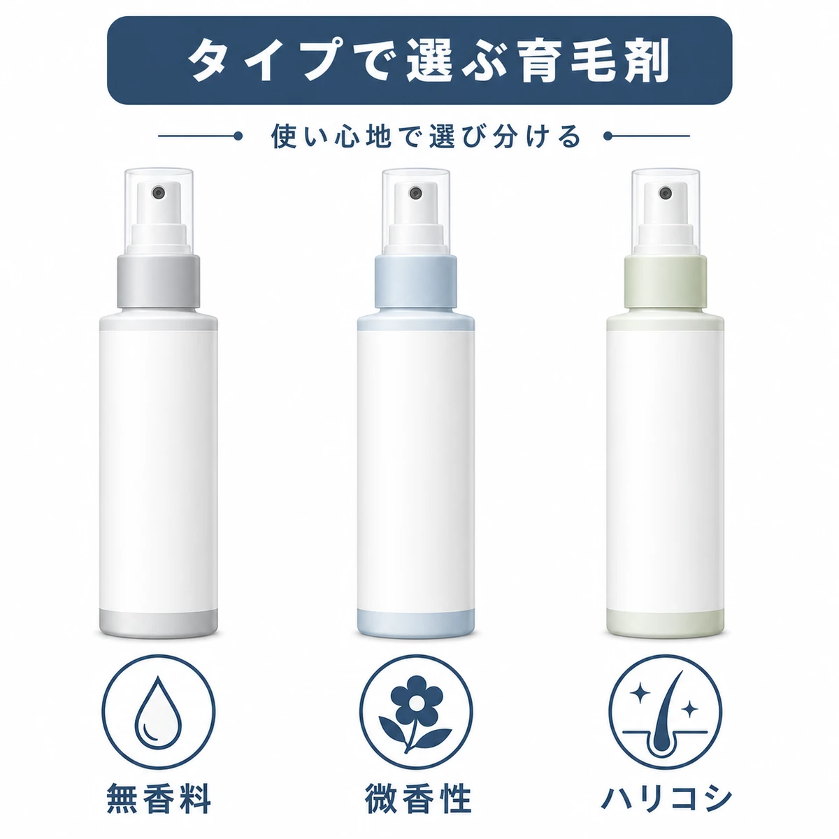 使用感の異なる育毛剤のタイプを並べて比較した中立的な商品イラスト