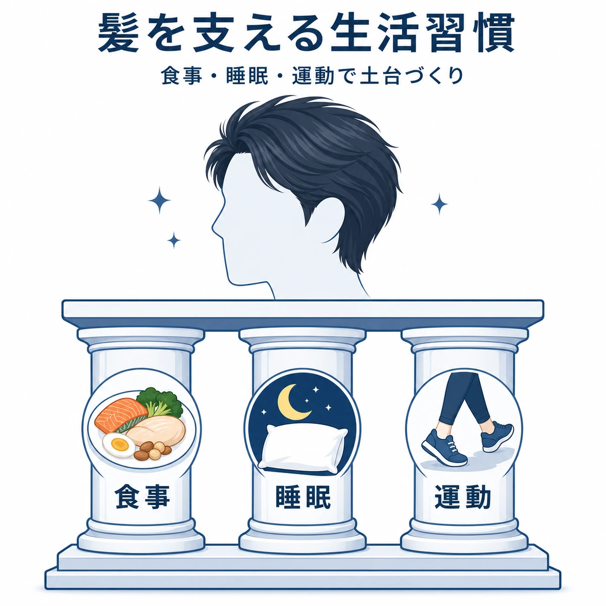 食事と睡眠と運動が豊かな髪を支える生活習慣の土台を表した医療イラスト
