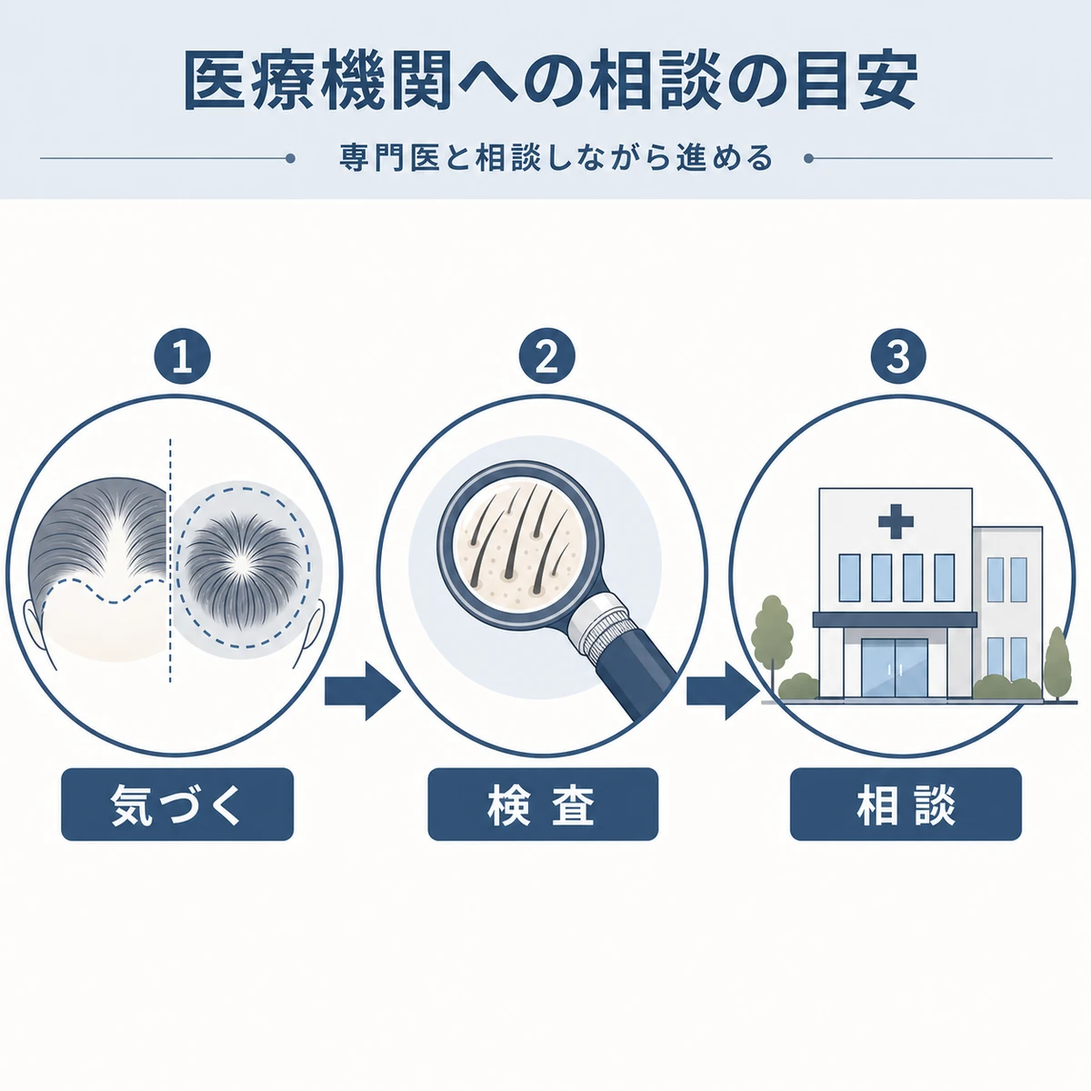 セルフチェックから頭皮検査、専門医への相談までの流れを表した医療イラスト