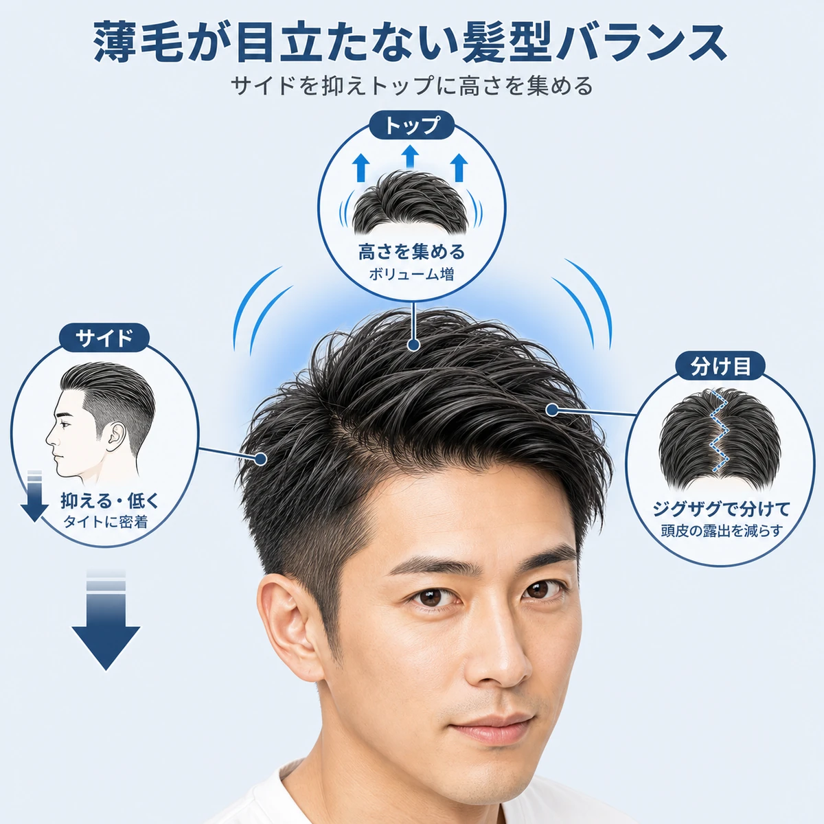 サイドを抑えトップに高さを集める薄毛が目立たない髪型バランスを示した相関図