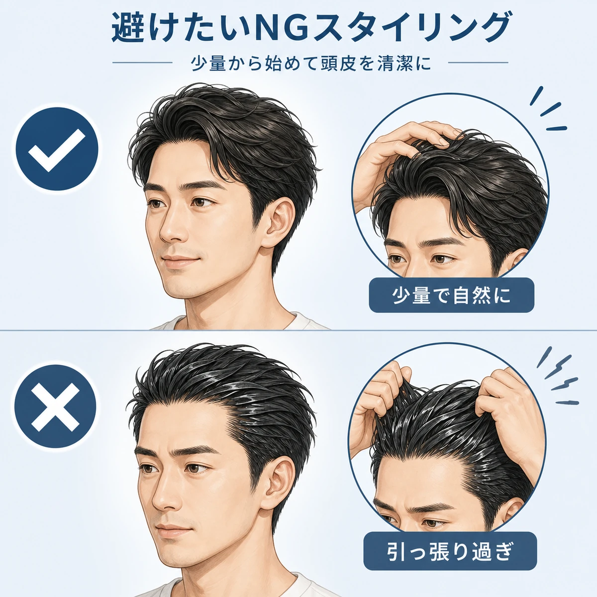 避けたいワックスの使い方と自然に整える良い使い方を上下で対比した男性向けイラスト