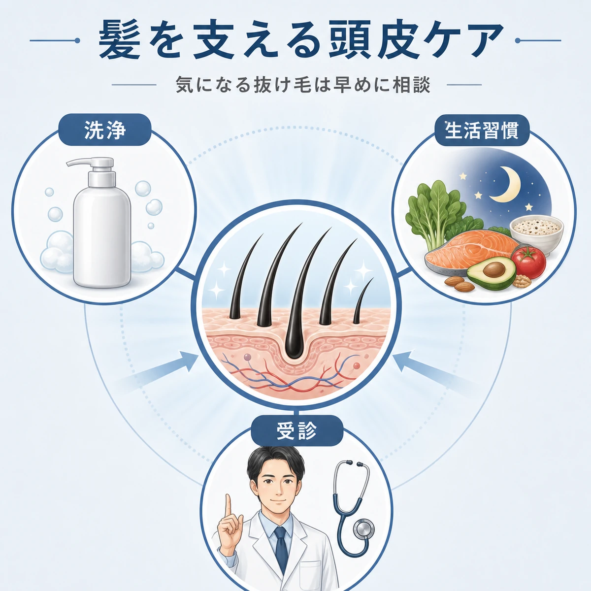 洗浄と生活習慣と受診が健やかな頭皮を支える関係を表した相関図イラスト