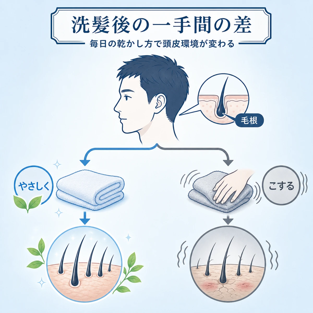 やさしいタオルドライとこする拭き方で頭皮環境に差が出るしくみを表した医療イラスト