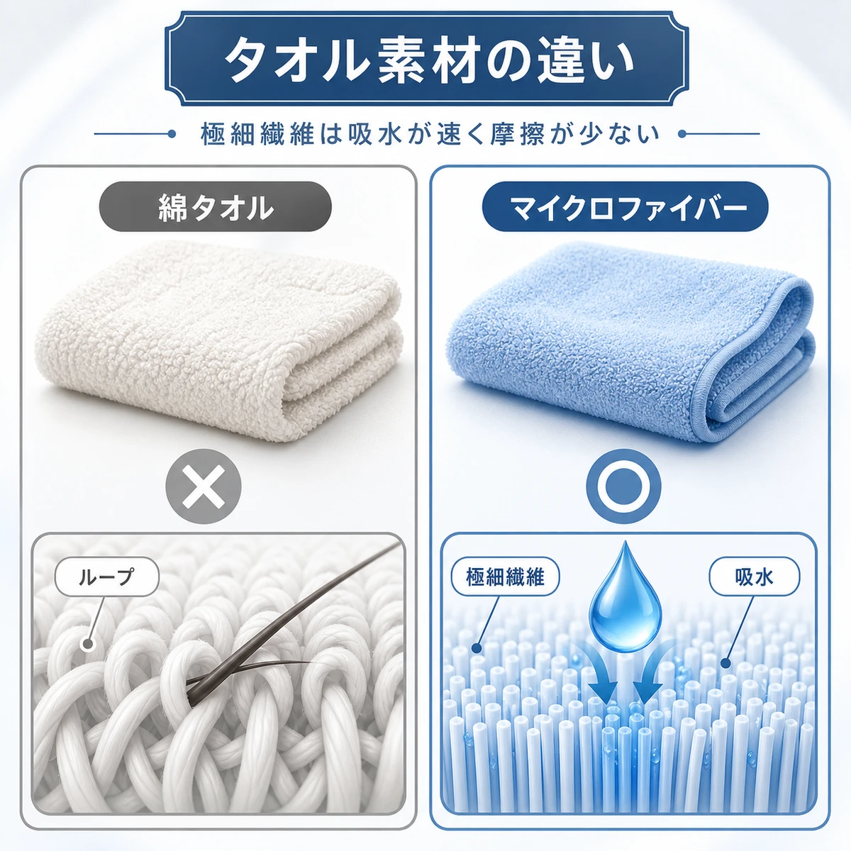 綿タオルとマイクロファイバータオルの吸水力と摩擦の違いを比べた医療イラスト
