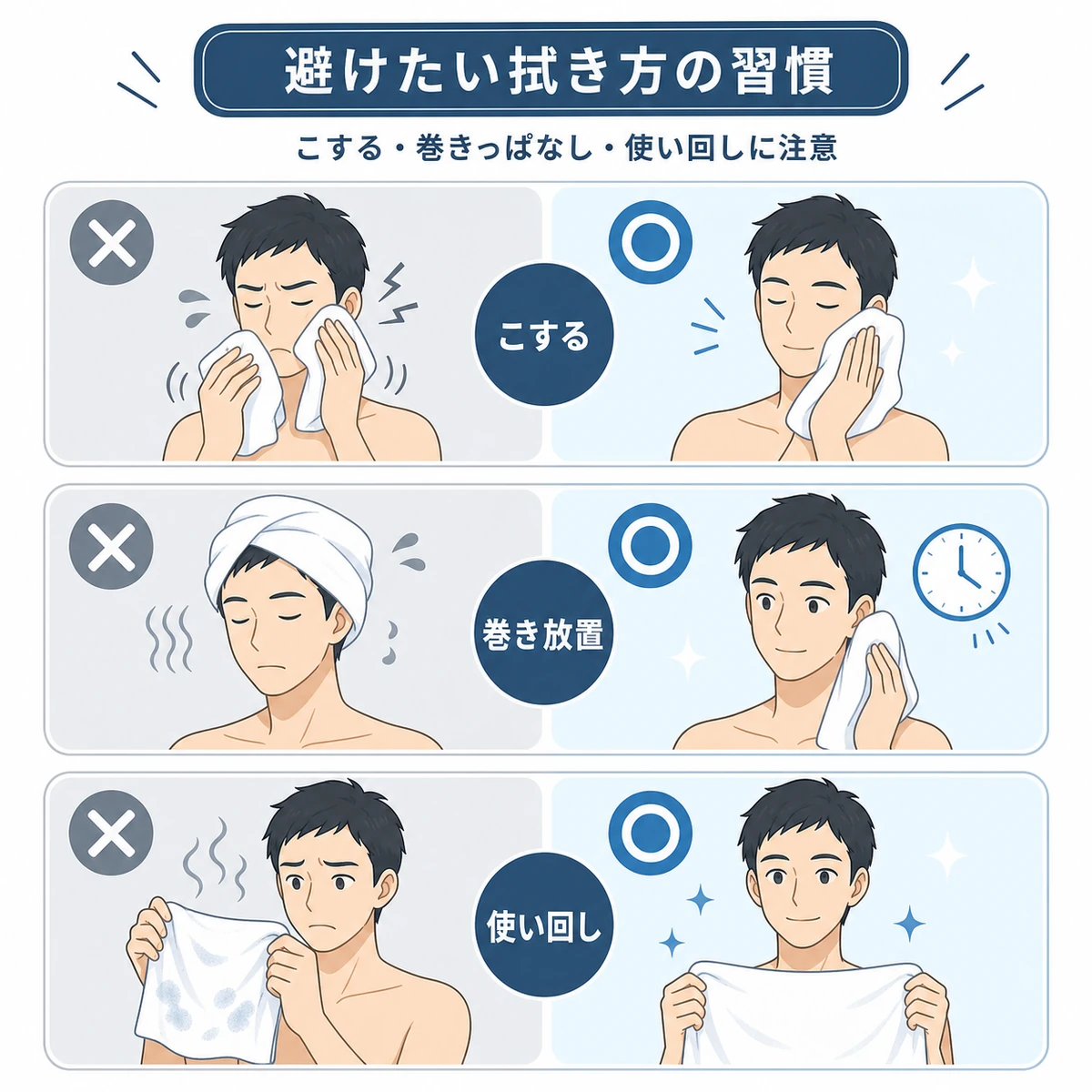 こする・巻いたまま放置・使い回しを避け押し当てや清潔なタオルにする対比を表した医療イラスト