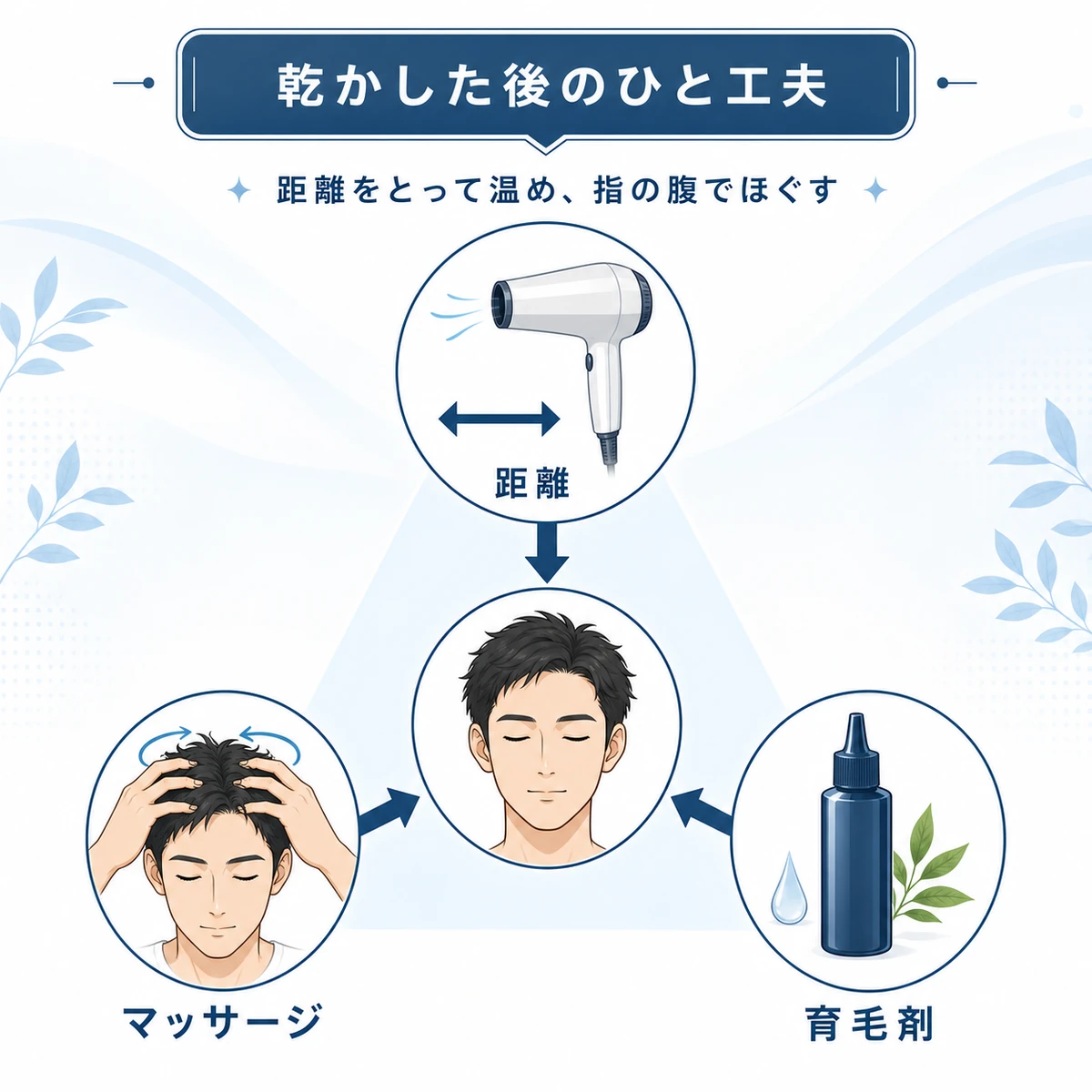 ドライヤーの距離と頭皮マッサージと育毛剤で乾かした後の頭皮ケアを表した医療イラスト