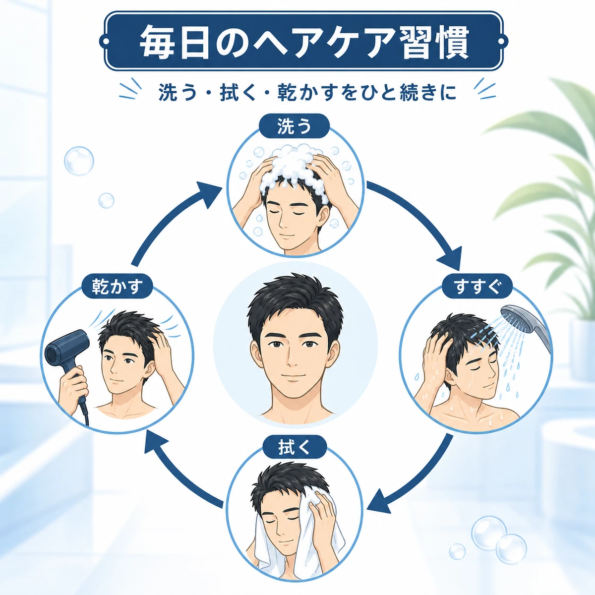 洗髪からすすぎ・タオルドライ・乾燥までを毎日くり返すヘアケアの流れを表した医療イラスト