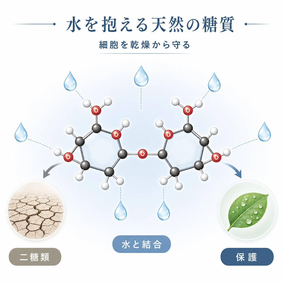 水分子と結びついて細胞を守るトレハロースの分子構造を表した医療イラスト