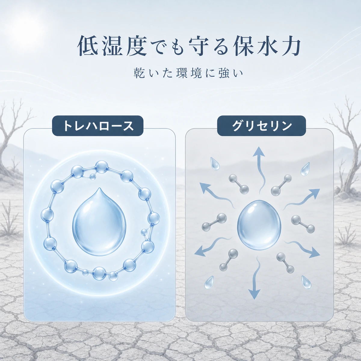 低湿度でも水分を保つトレハロースとグリセリンの保水力を左右で比べた医療イラスト