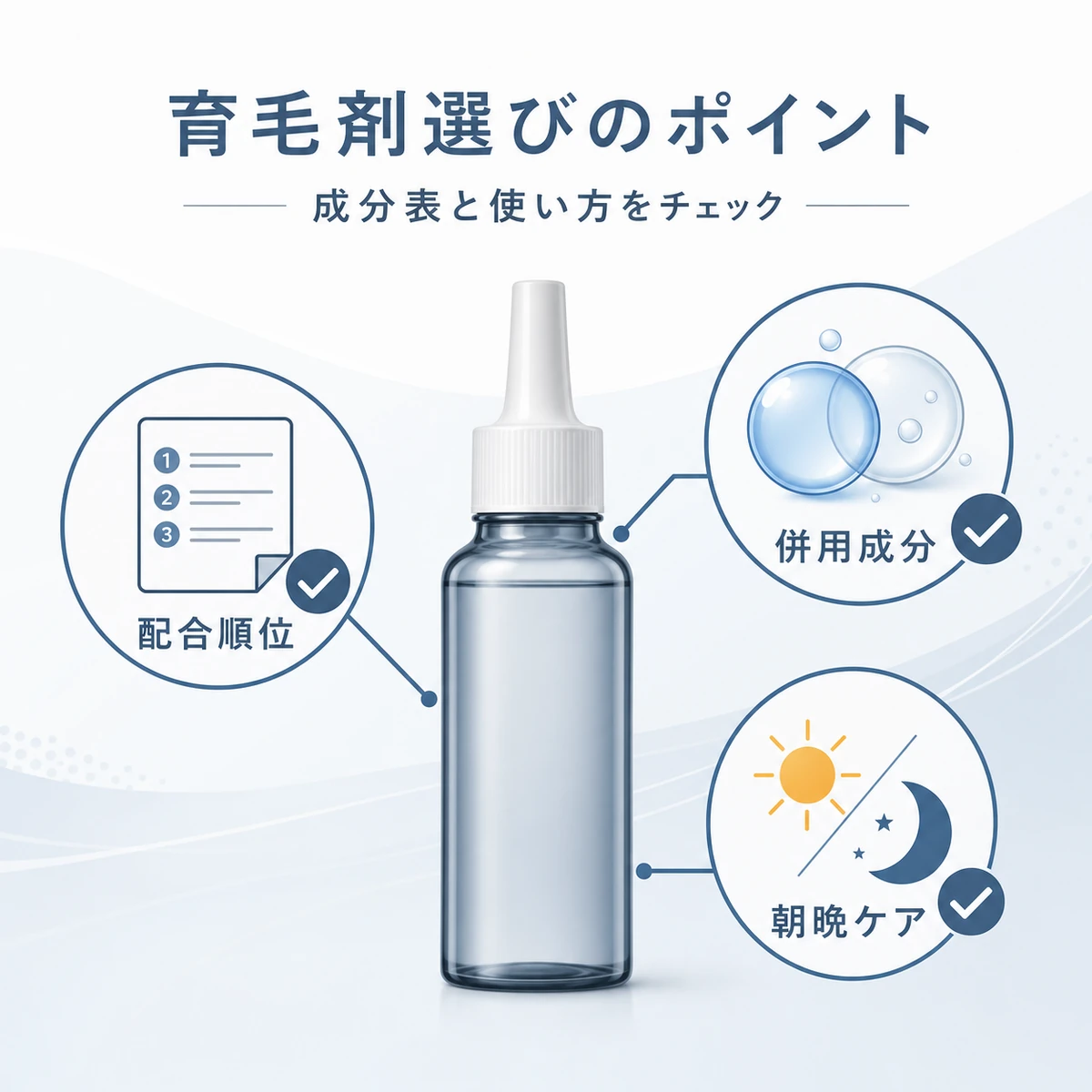 配合順位や併用成分など育毛剤選びの要点を中立の容器から広げて表した医療イラスト