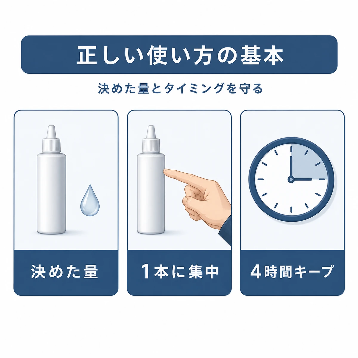 お試し期間の育毛剤の正しい使い方3つのポイントを並べた医療イラスト