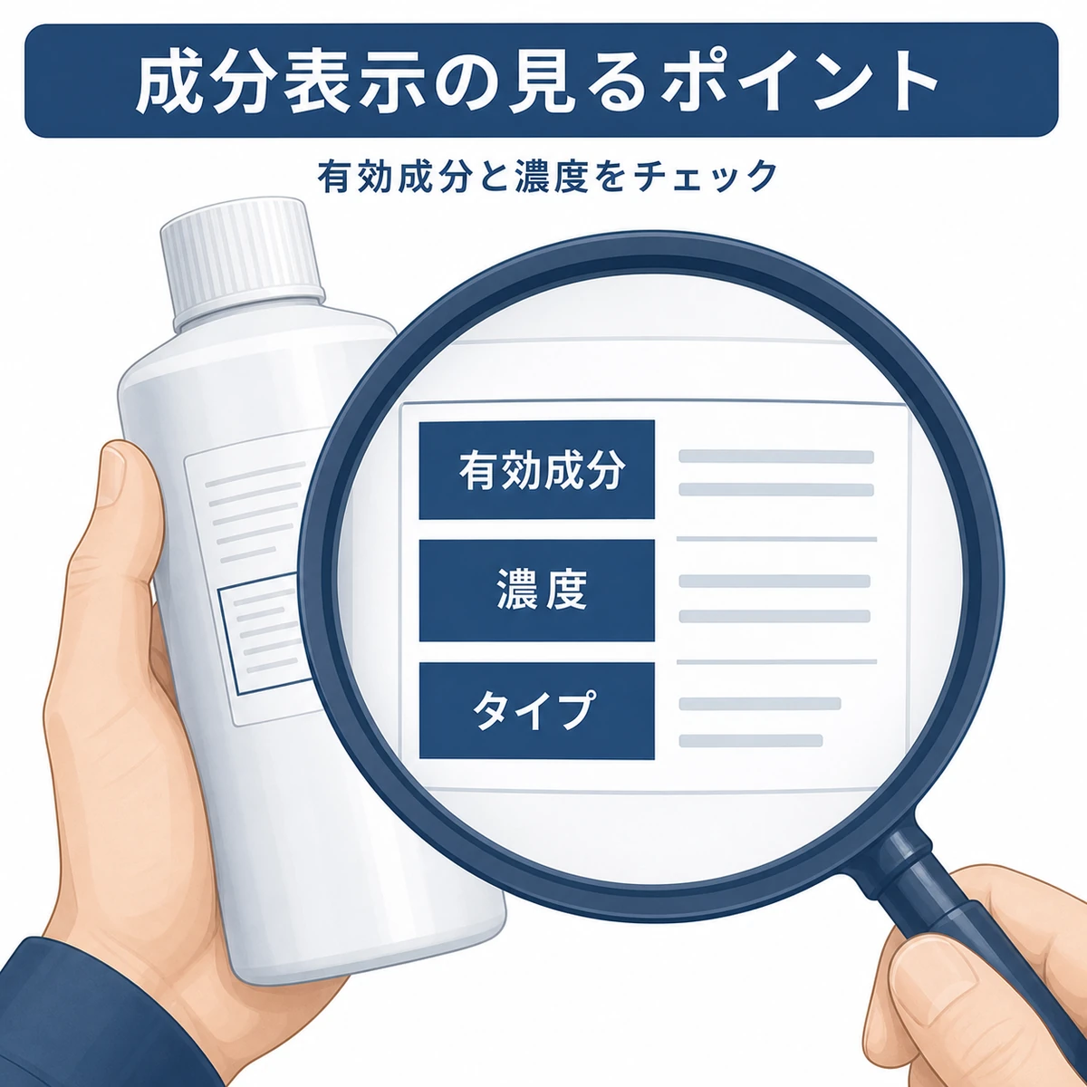 育毛剤の成分表示をルーペで確認する見るべきポイントを表した医療イラスト