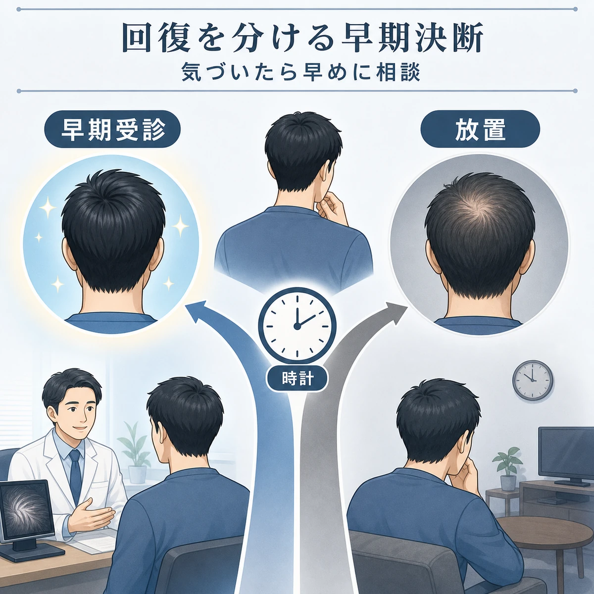 早期受診と放置で回復に差が出ることを表した医療イラスト