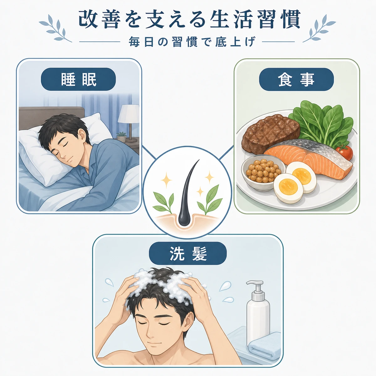 睡眠と食事と頭皮ケアが治療を支える生活習慣を表した医療イラスト