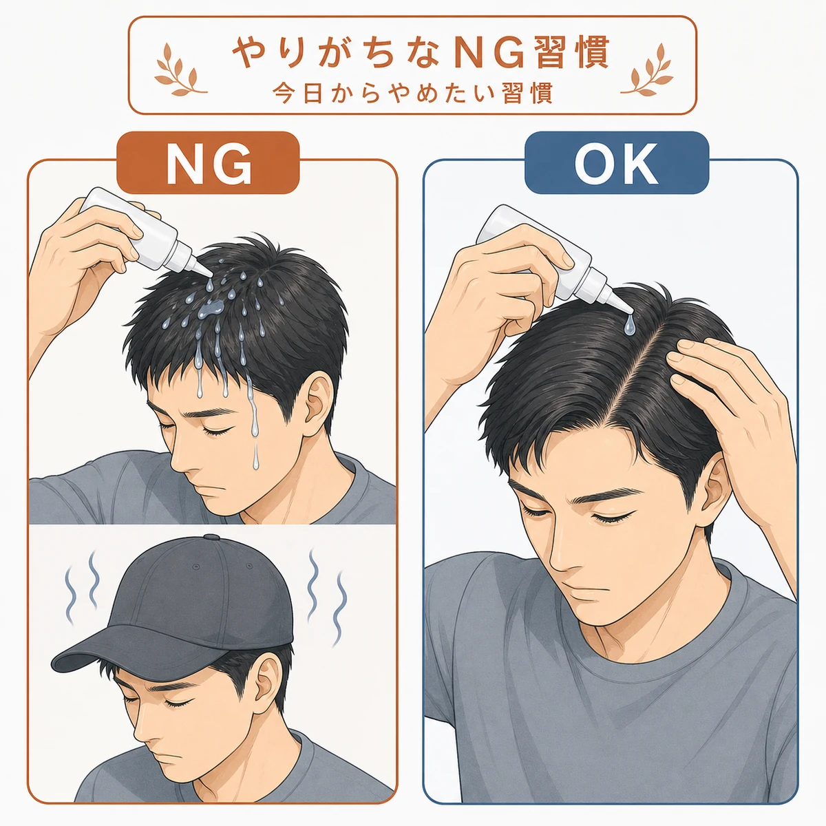 髪の上から振りかけるNGと頭皮へ直塗りするOKを対比した医療イラスト