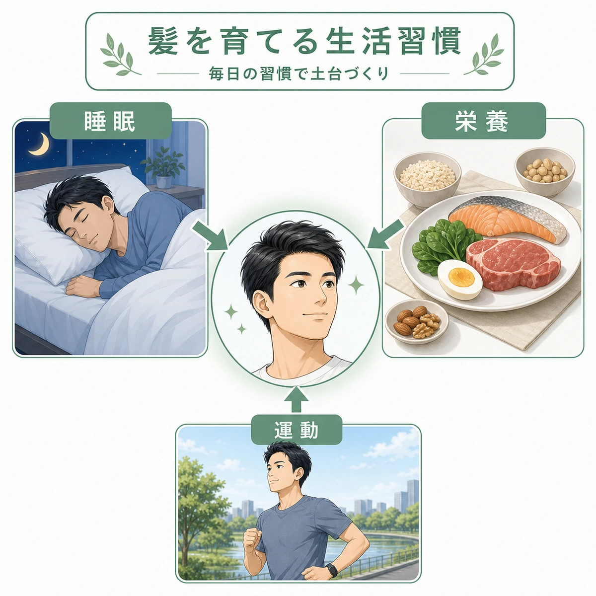 睡眠・栄養・運動など髪を育てる生活習慣を並べた医療イラスト