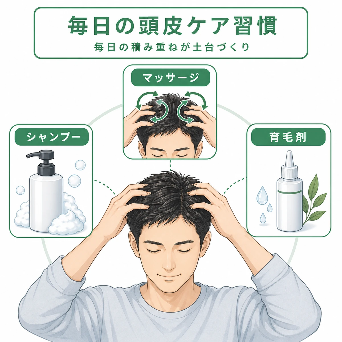 成人男性がシャンプーや頭皮マッサージで自宅ケアに取り組む様子を表した医療イラスト
