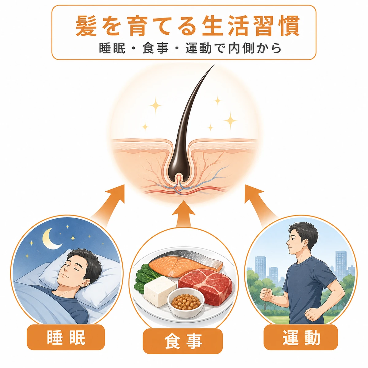 睡眠と食事と運動が髪の成長を支える生活習慣を表した医療イラスト