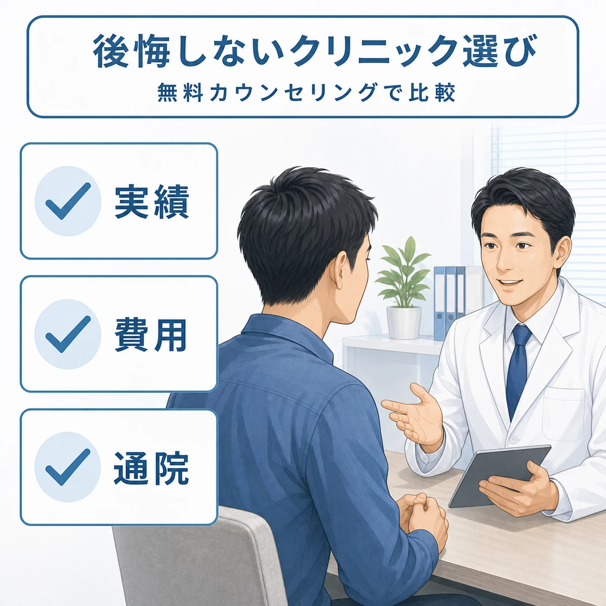 男性医師との無料カウンセリングでクリニック選びの確認ポイントを示した医療イラスト