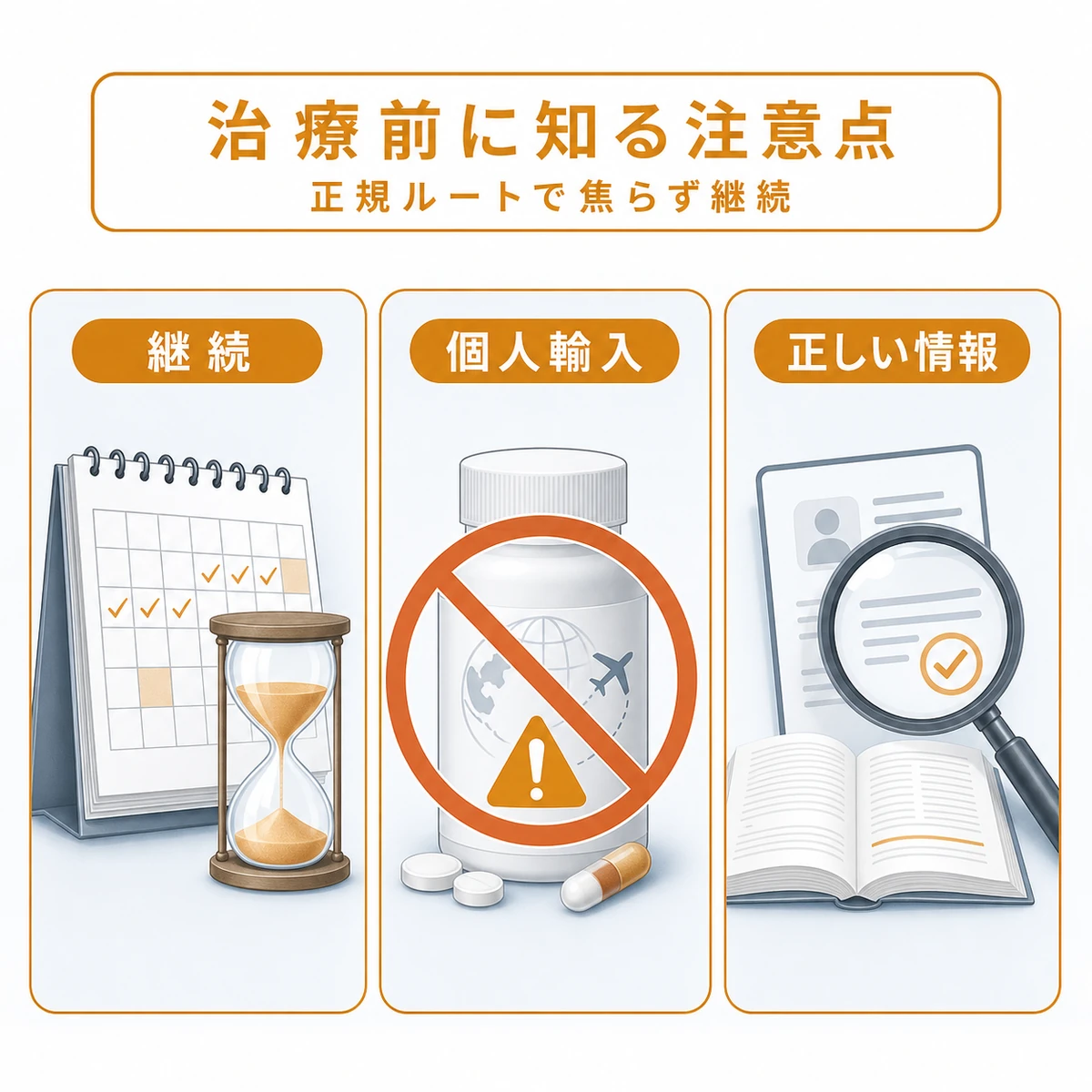 効果実感の期間や個人輸入のリスクなど治療前に押さえたい注意点を表した医療イラスト