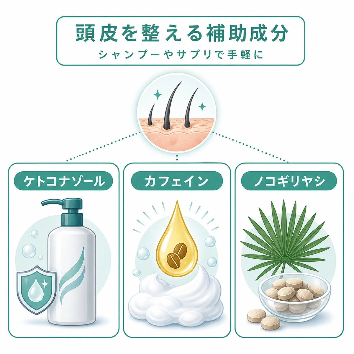 ケトコナゾールやカフェインなど頭皮を整える補助成分を並べて比べた育毛イラスト