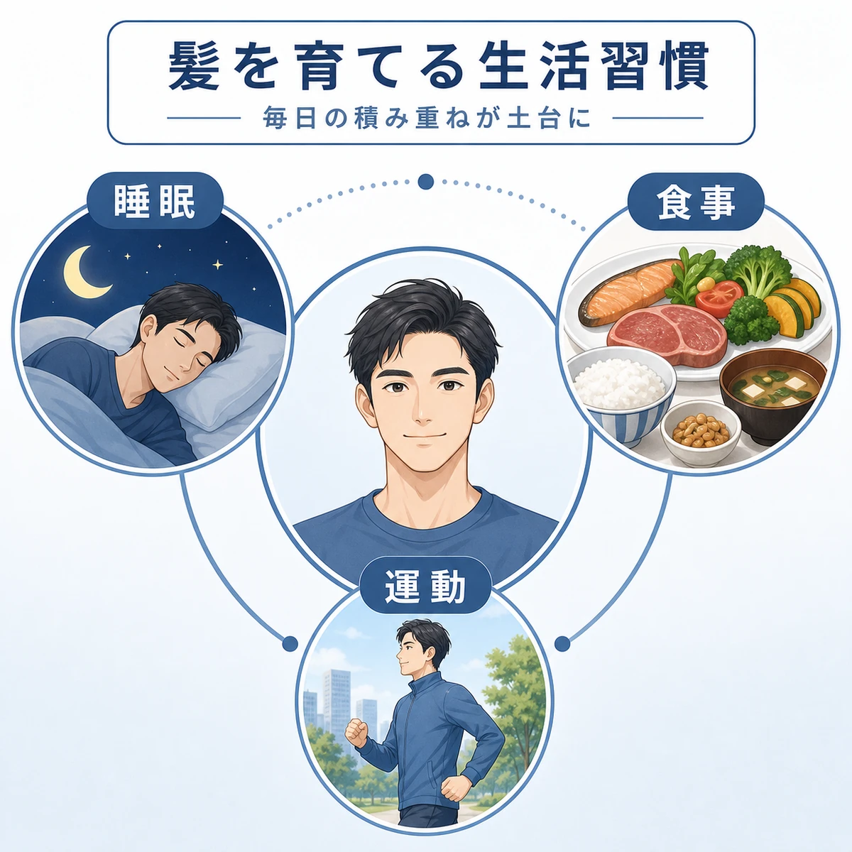 睡眠や食事や運動など髪を育てる生活習慣を成人男性を中心にまとめた育毛イラスト