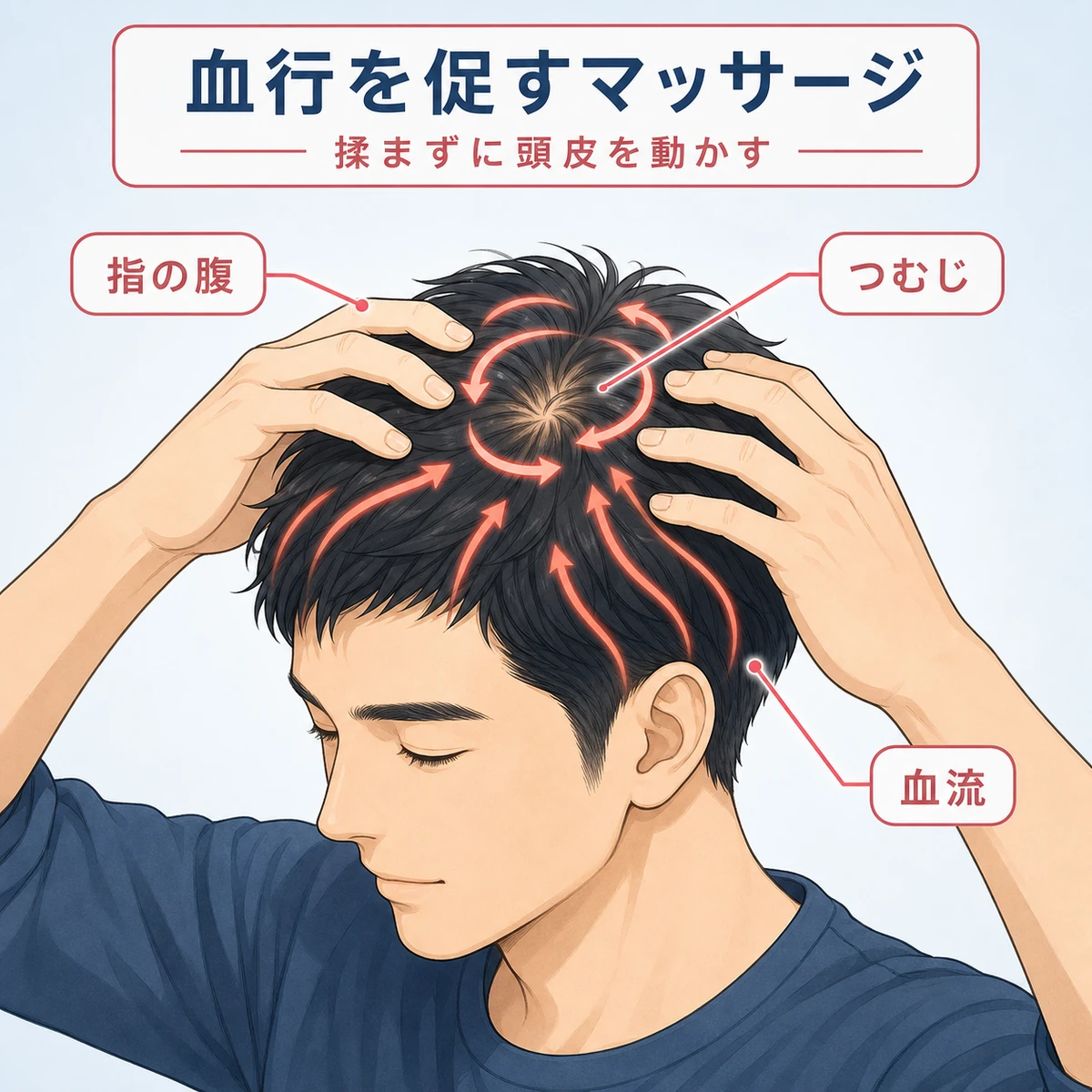 指の腹で頭皮を動かして血行を促すマッサージの様子を表した医療イラスト