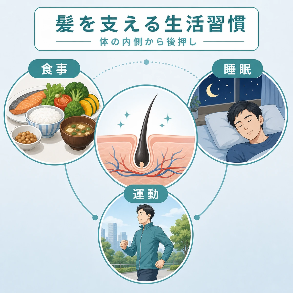 食事や睡眠や運動で髪を支える生活習慣を放射状に表した医療イラスト