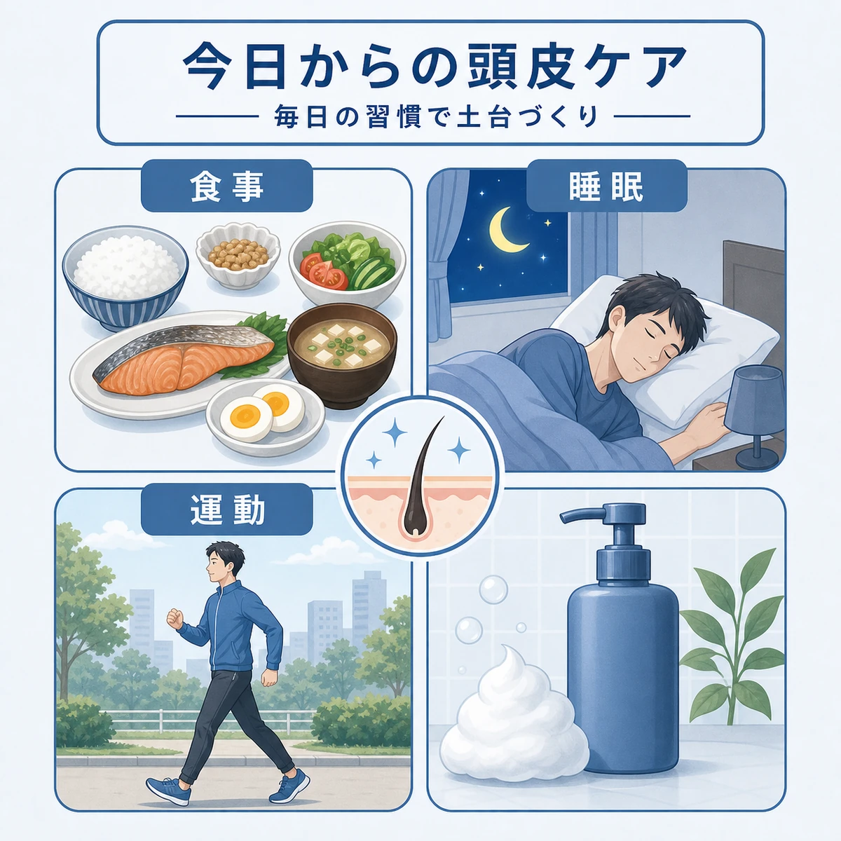 食事や睡眠など毎日続けられる頭頂部の薄毛ケアを4つに分けて描いた医療イラスト